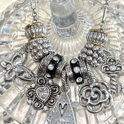 Brighton 30” adjustable Charm Silver link necklace, with 5 dangling charms - and 6 Charm Spacers. 