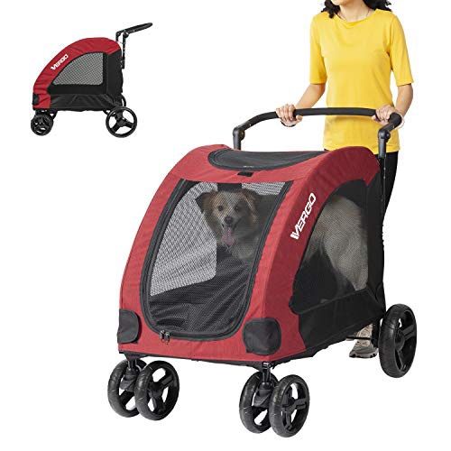 Vergo Dog Stroller Pet Jogger Wagon Foldable Cart With 4 Wheels, Adjustable Handle, Zipper Entry, Mesh Skylight Pet Stroller For Small To Large Dogs