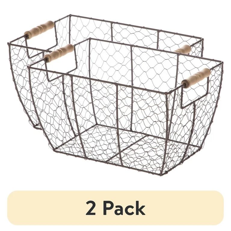 2 Pack New Mainstays Wire Baskets With Wooden Handles 