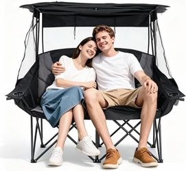 Camping Chair for 2 Person with Canopy, Portable Folding Double Camping Chair for Adults, Oversized Double Beach Loveseat with Cup Holders and Pocket,