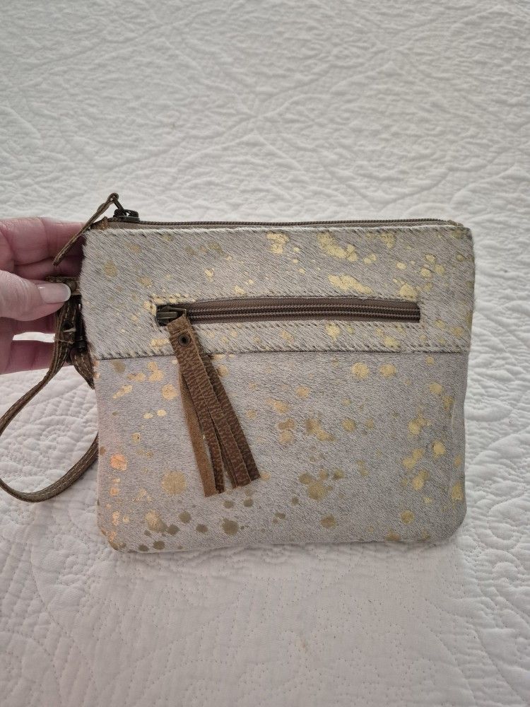 Myra Designer " COWHIDE " & GOLD & Leather Wristlet purse