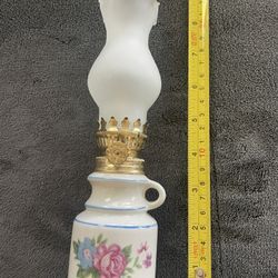 Miniature Hurricane Lamp Porcelain Base Frosted Glass. 