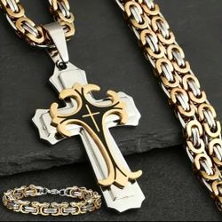 3-Pcs Uniquely Crafted 2-Tone Multi-layer Titanium Steel Cross Pendant With 24"Byzantine Necklace & Bracelet Set