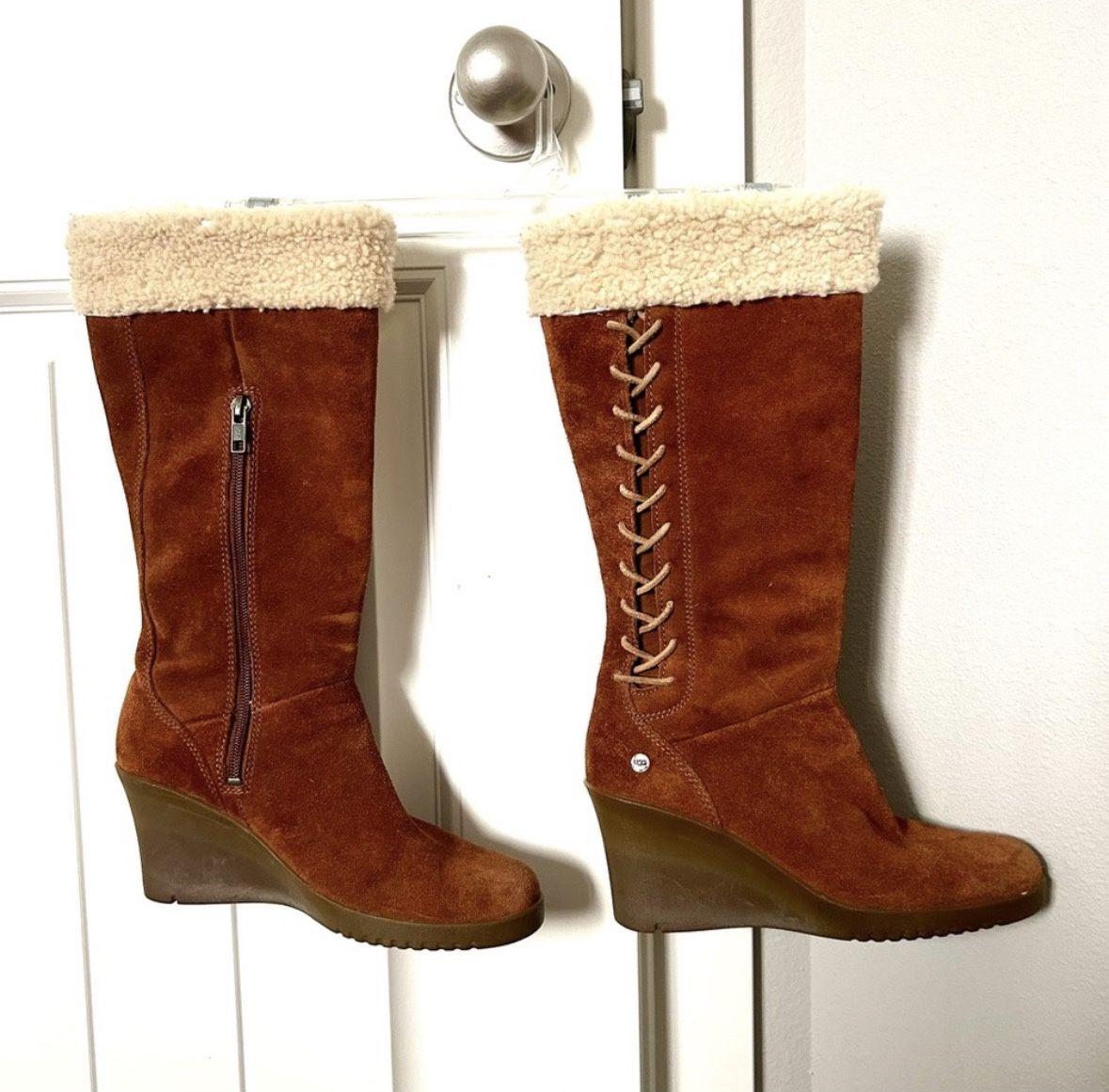 UGG Australia Felicity suede wedge boots in brown.
