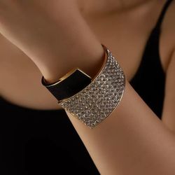 Glamorous Rhinestone - Studded Bracelet with Black Square Accent