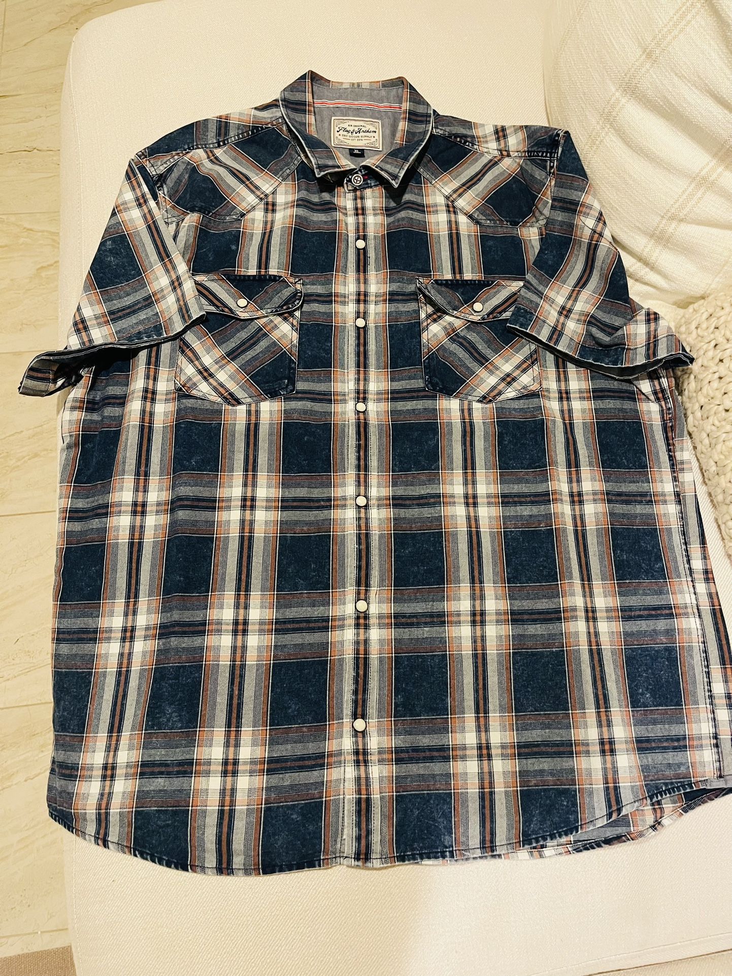 Men’s Desert Son Flag And Anthem Button Up Blue Plaid Pearl Snap Button Western Shirt Size XL