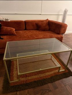 Modern 2 tier glass coffee table with gold metal frame