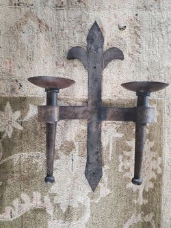 Hand-Forged Iron Double Candle Wall Sconce - Fleur-de-Lis, Rustic Gothic, 23"