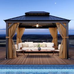 🔥Brand new in Box 🔥10'x 12' Hardtop Gazebo, Outdoor Aluminum Frame Gazebos with Double Roofs, Outdoor Metal Canopy with Mosquito Netting and Privacy