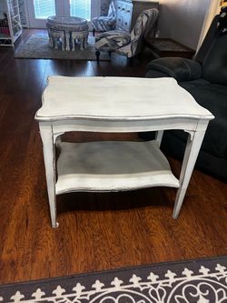 White Distressed Wood End Table with Shelf