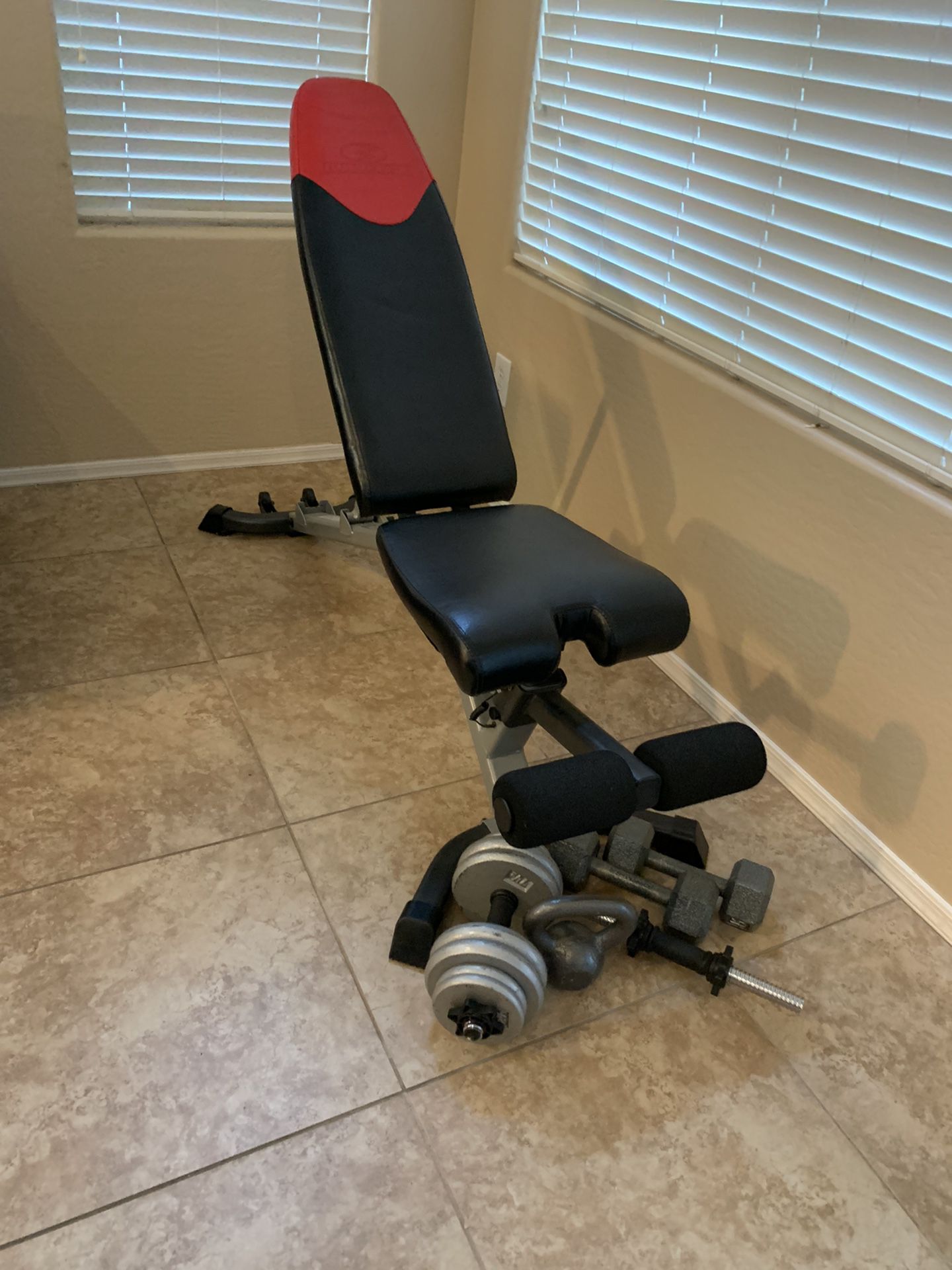 Workout bench and weights.