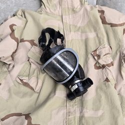 Military jacket desert camo and gas mask