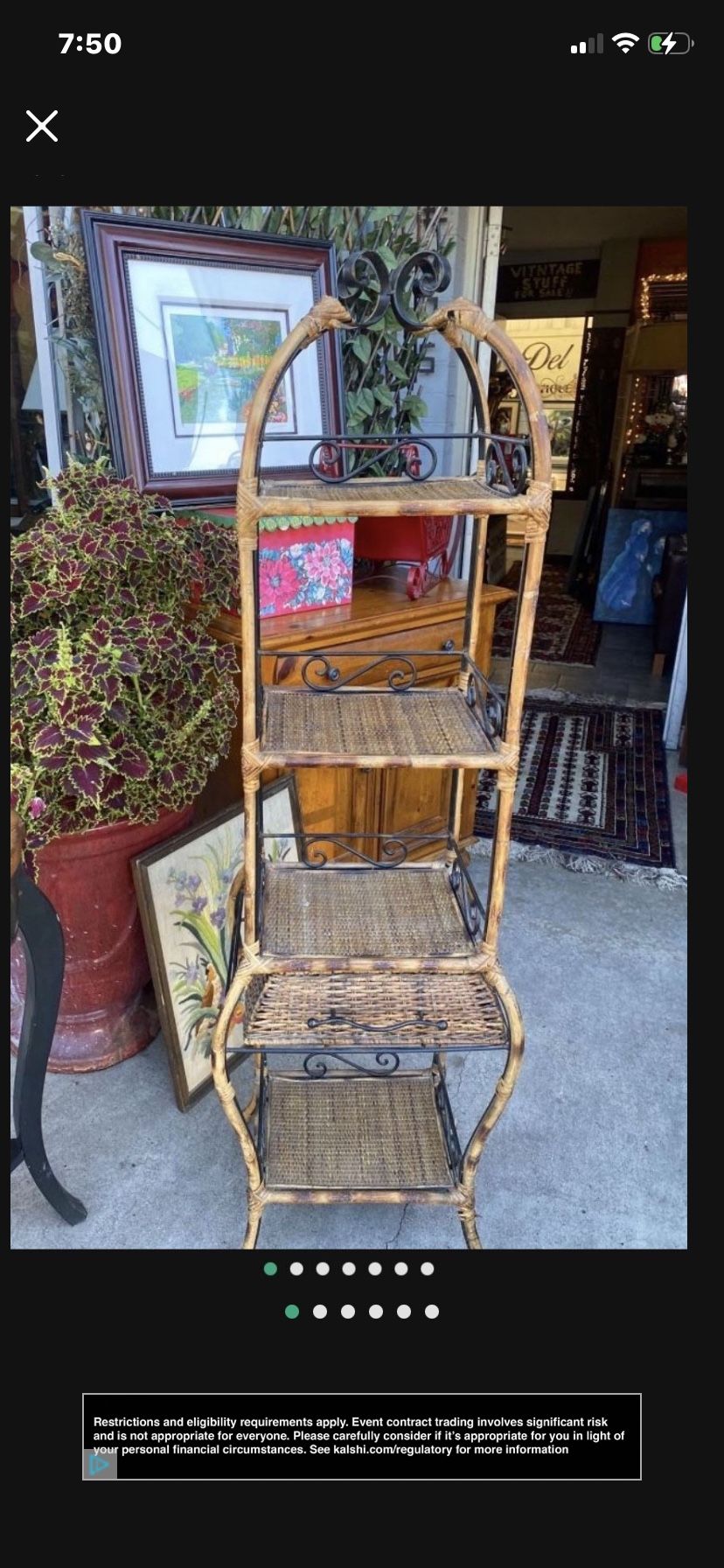 Antique Bamboo, Wicker Metal Shelf Unit With Drawer