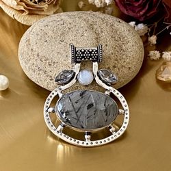 Black Rutile, White Topaz And Rainbow Moonstone 925 Sterling Silver Overlay Pendant