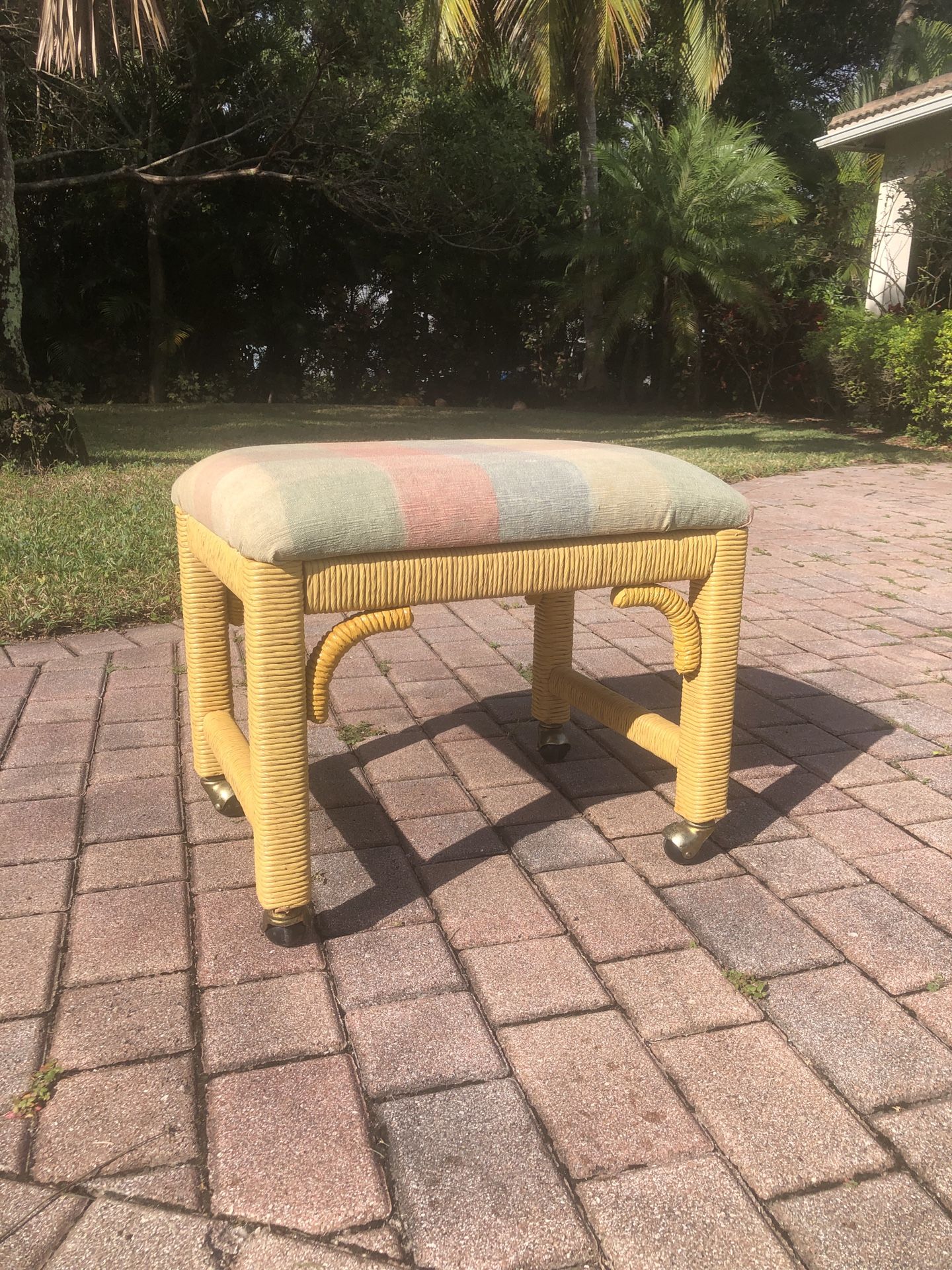 Vintage Henry Link Wicker Rolling Footstool Bench / Excellent Upholstery / Coastal