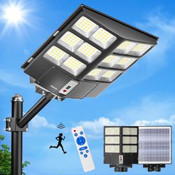 600W Solar Street Light Outdoor Waterproof,6500K Outdoor LED Street Light Dusk to Dawn, Wide Angle Lamp with Motion Sensor and Remote Control,for Park