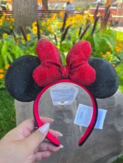 Disney Parks Minnie Mouse Black Red Rhinestone  Ears- NEW