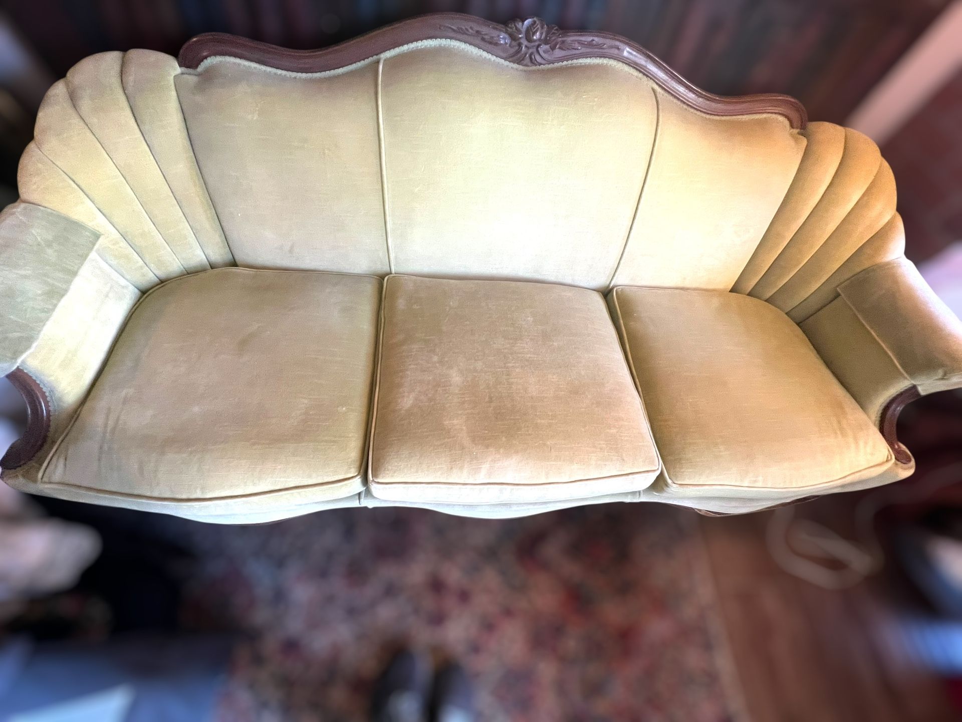 Vintage French Provincial Victorian Large Sofa Green Velvet Carved Wood