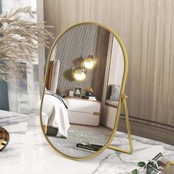 90° Adjustable Tabletop Rotation Oval Golden Metal Framed standing Mirror