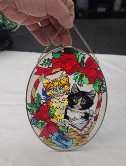 Beautiful Stained Glass Tuxedo Cats Merry Christmas Suncatcher