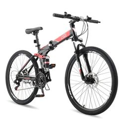 Winado - Folding Mountain Bike Full Suspension 26" 21 Speeds Bicycle for Adult Men Women Sturdy Steel Frame, Front Suspension - Black