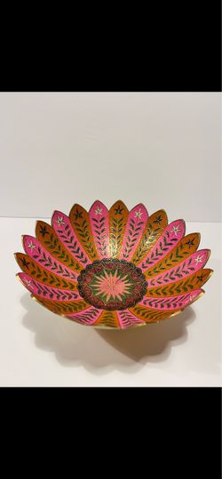 Vintage Boho Brass & Pink Enamelled Lotus Bowl by Sarreid Ltd 9” Diameter . Midcentury Indian brass pedestal bowl , hand painted enamel decoration in