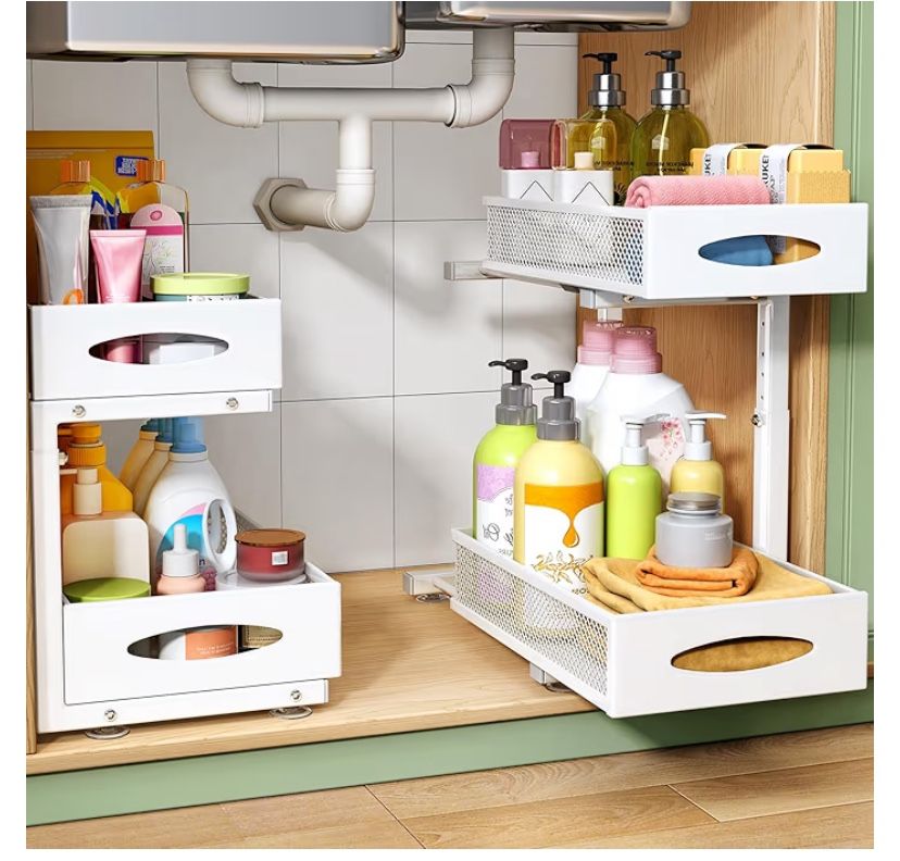 Under Sink Organizer, 2 Pack 2 Tier Pull out Cabinet Organizer Baskets with Mesh Sliding Drawers, Slide out Sink Storage Shelves for Kitchen, Bathroom