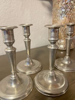 Set of 4 Silver Pewter Candlestick Holders