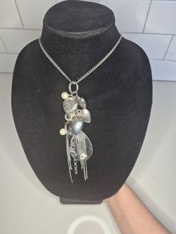 Chain Necklace Pendant Faux Pearl Heart Glass Tassel 30"+3"