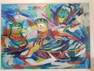 Very large original abstract oil painting ducks in a rainbow of color, framed, gold frame, excellent condition, signed B. Kate Harris