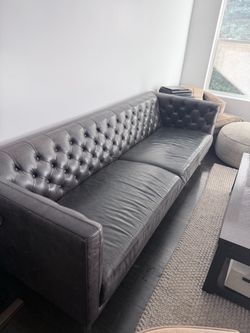 Dk Brown/Gray Leather Tufted Chesterfield Sofa
