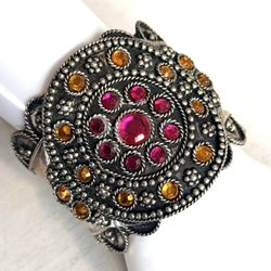 Vintage Wide Oxidized Silver Tone Red & Amber  Rhinestone Cuff Bracelet