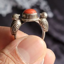 bird ring with coral and sterling silver size 7