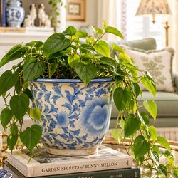 Vintage classic blue white Chinoiserie/floral porcelain jardiniere Planter Pot Granny Core Flower 