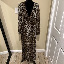 Summer Beach Cardigan Cover Up Beach Chiffon Dress Animal Print Leopard Long Sleeve Kimono Drop Shoulder Hem Maxi Dress
