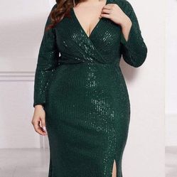  Shiny V Neck Sequin Long Sleeves Evening Dress Dark Green 
