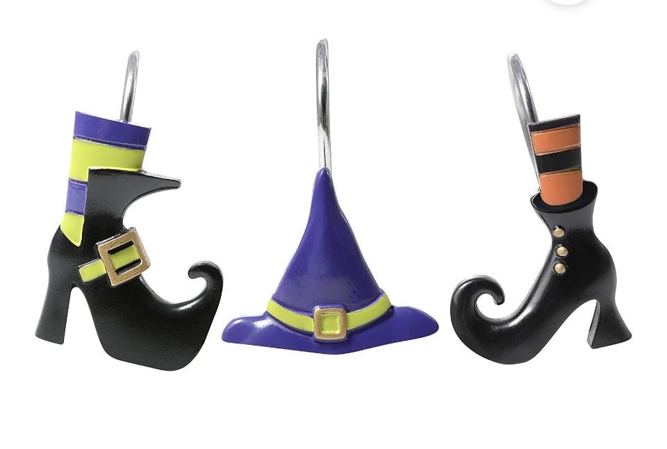 YoKii Halloween Shower Curtain Hooks 12 Witch Hats Shoes Magical Whimsical Goth