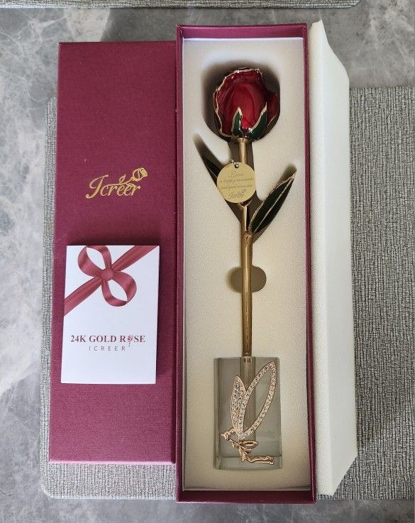 Icreer 24k Gold Dipped Rose Red With Tag Engagement Anniversary New In Box Love