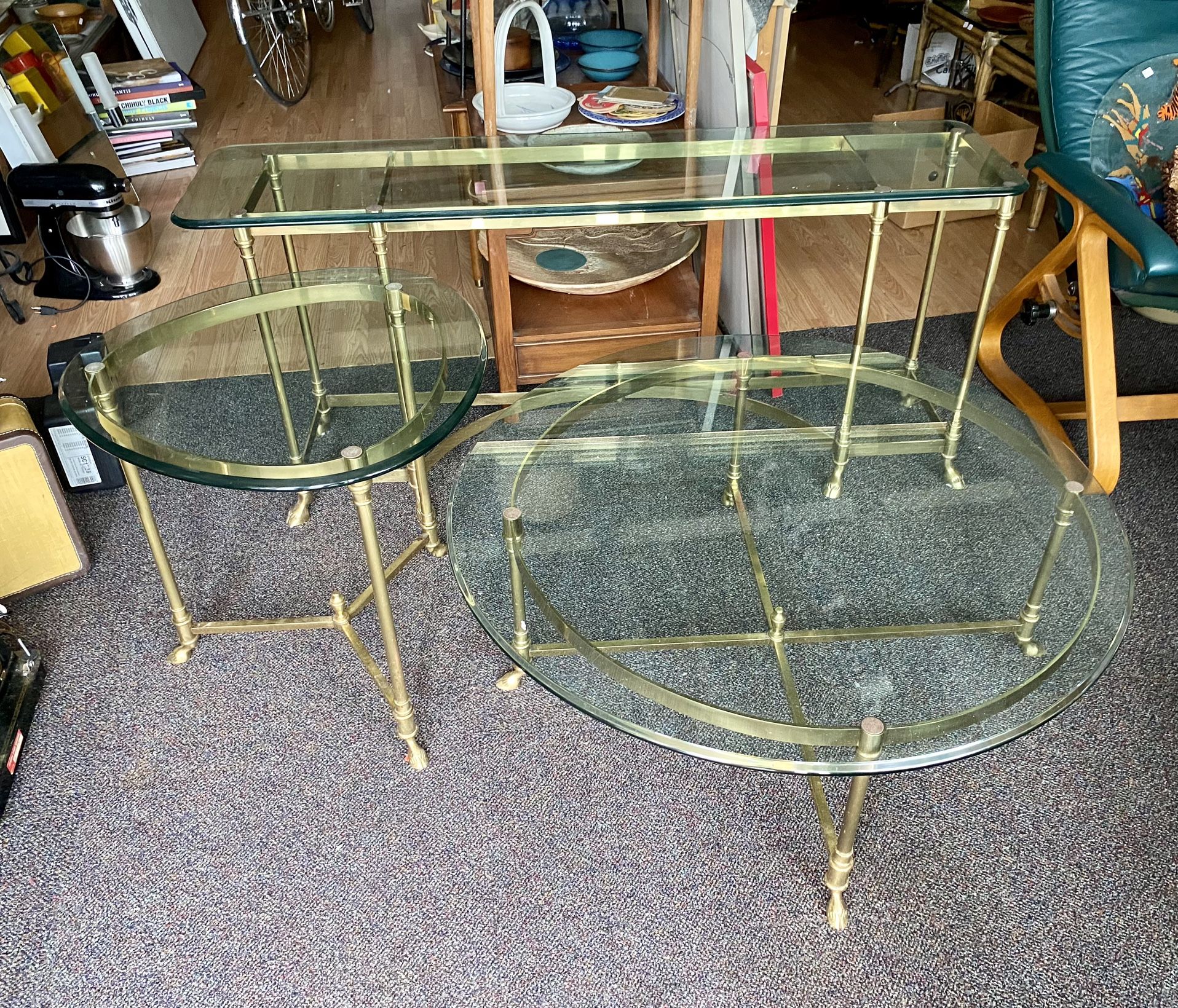 Classic Vintage La Barge Solid Brass & Glass Console, Coffee, & Side Table Set 