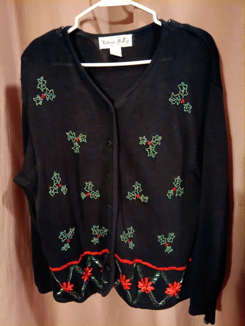 Black Christmas Sweater Medium Weight  Knit Embroidered Beaded Holly Berry's
