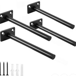 4 Pcs 6" Black Solid Steel Floating Shelf Bracket Blind Shelf Supports - Hidden Brackets for Floating Wood Shelves - Concealed Blind Shelf Support Scr