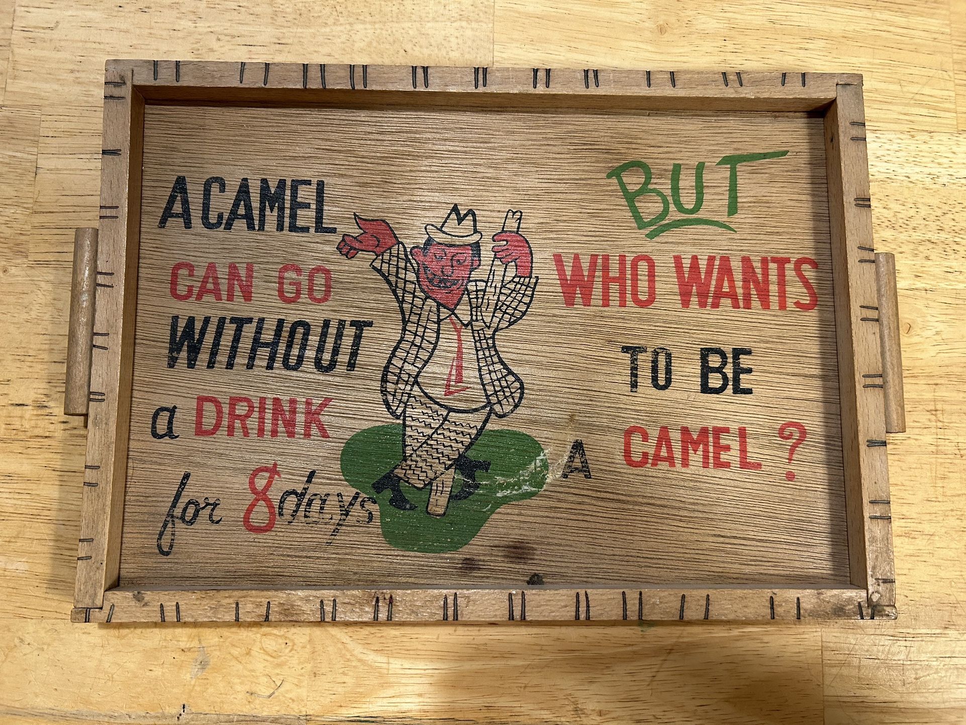 Vintage Wooden Barware Decor Tray ‘Camel Can Live 8 Days’ Kitchy Funny Gift