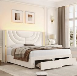 Full Size Velvet Bed Frame With Led Lights And 2 Storage Drawers