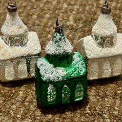 1940s Mercury glass set up three churches Christmas ornaments