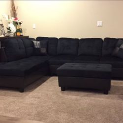 Black Microfiber Sectional Couch and Ottoman