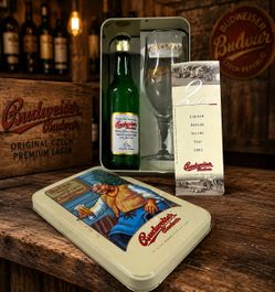 Budweiser Budvar 2002 Limited Edition Beer Glass Bottle Tin Gift Set Czech