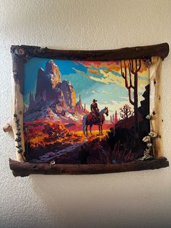 Western Desert Cowboy Painting in Rustic Wood Frame