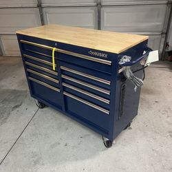 New Husky Tool Storage 46 in. W x 18 in. D 9-Drawer Gloss Blue Mobile Workbench Cabinet