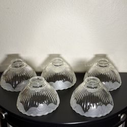 Vtg Set of 5 Ribbed Clear Frosted Floral Etched Glass Lamp Shade  2 1/4"  Fitter