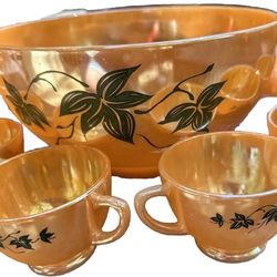 Fire King Peach Luster Punch Bowl Set 12pc